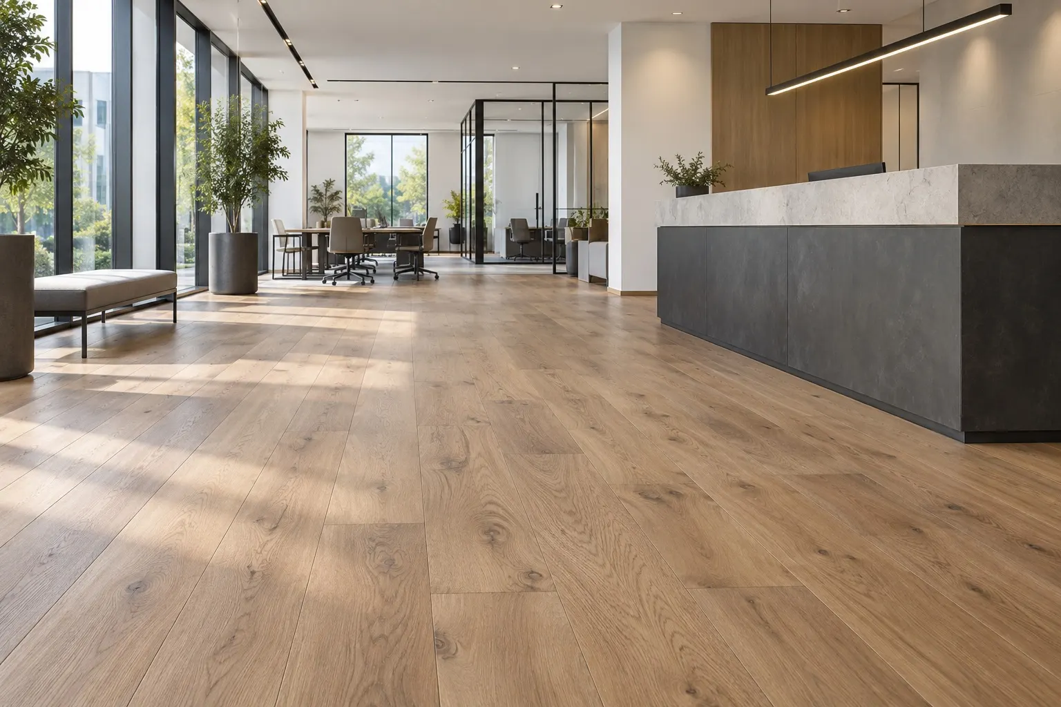 Illustrative modern workplace interior with neutral flooring