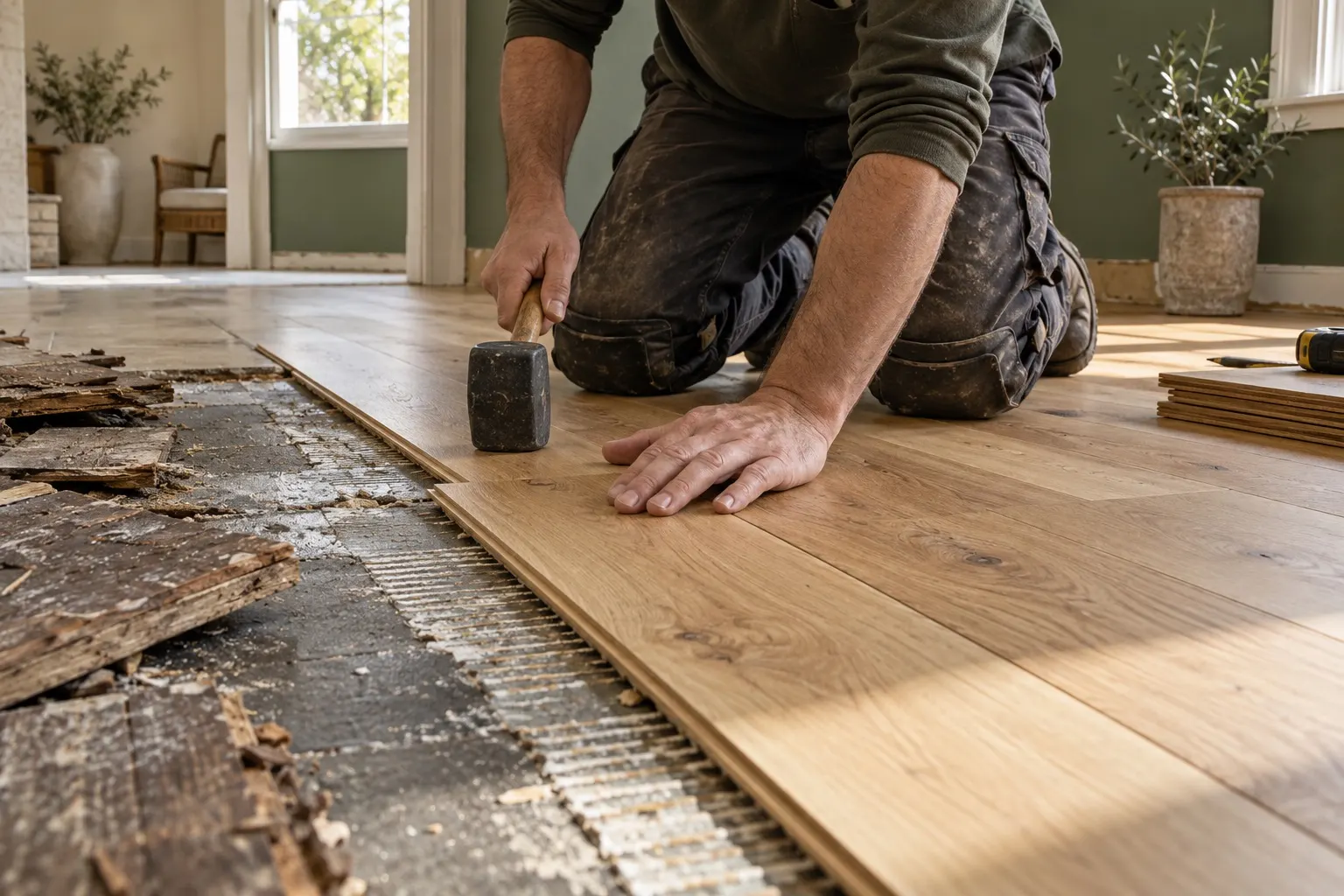 Illustrative flooring installer fitting a new wood surface beside removed flooring
