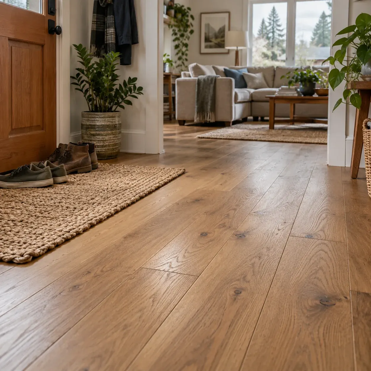 Illustrative lived-in Portland home living room with warm wood flooring